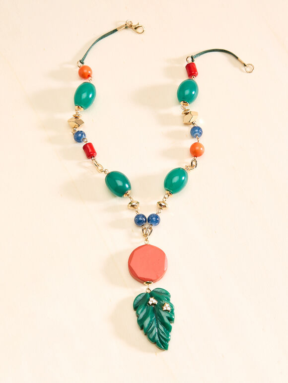 Beaded Leaf Pendant Cord Necklace, Green, large