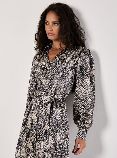 Snakeskin Print Satin Shirt Midi Dress