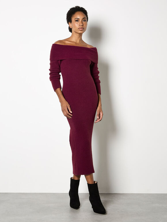 Fluffy Bardot Midaxi Dress, Burgundy, large