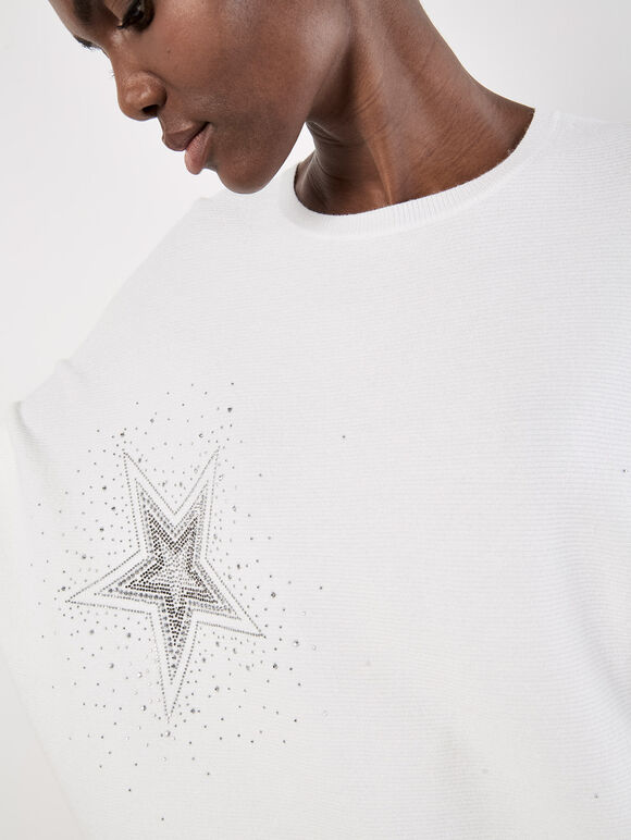 Stud Star Batwing Tunic Jumper, White, large