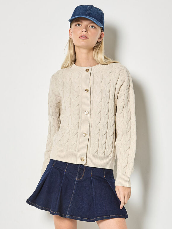Cable Knit Button-Down Cardigan, Stone, large