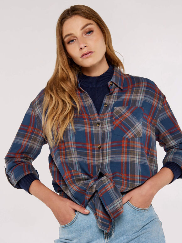 Checked Cotton Flannel Shirt, Blue, large