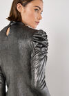 Metallic Foil Ruched Shoulder Top, Silver, large
