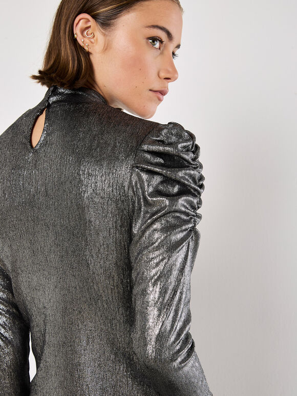 Metallic Foil Ruched Shoulder Top, Silver, large