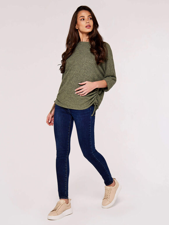 Bat Sleeve Drawstring Top, Khaki, large