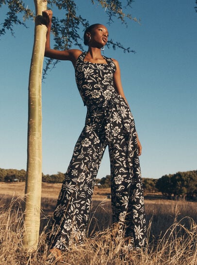 Tropical Print Wrap Leg Trousers