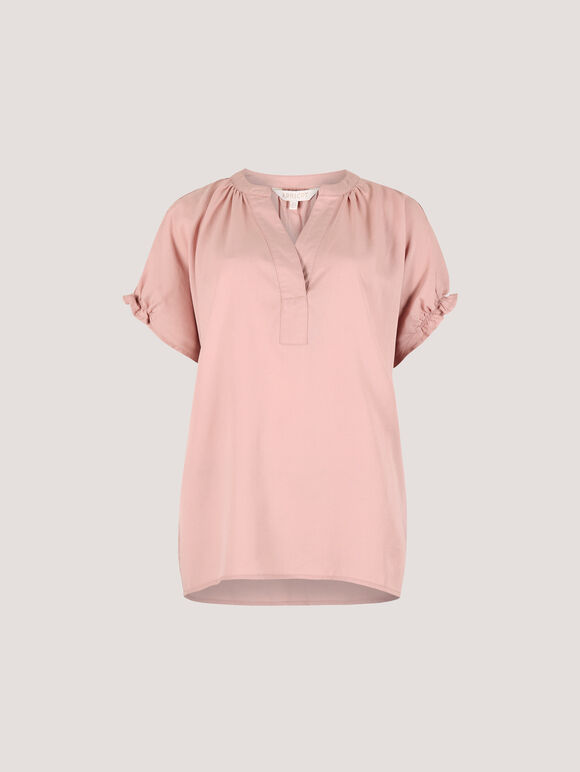 Ruffle Sleeve Woven T-Shirt, Pink, large