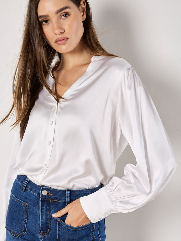 Balloon Sleeve Satin Blouse, White, large