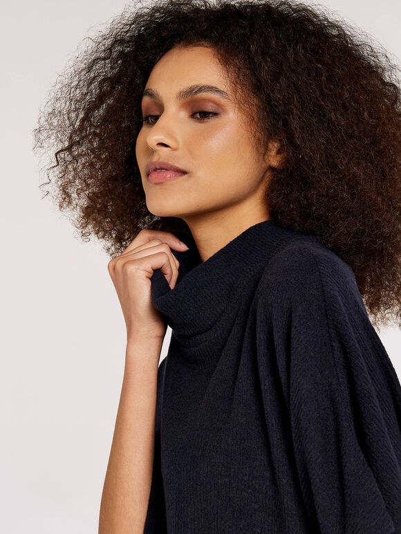 Roll Neck Ribbed Cape, Navy, large