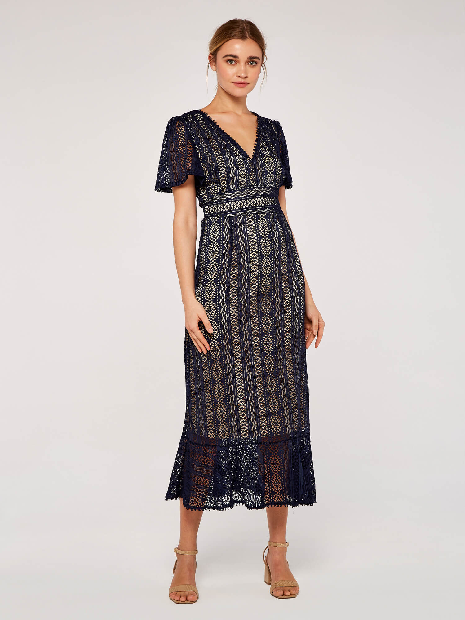 Lace V Neck Midi Dress Apricot Clothing
