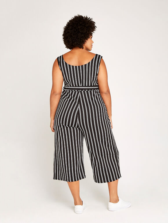 Striped V Detail Culotte Jumpsuit+, Black, large