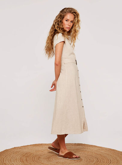 Linen Blend Belted Shirt Midi Dress