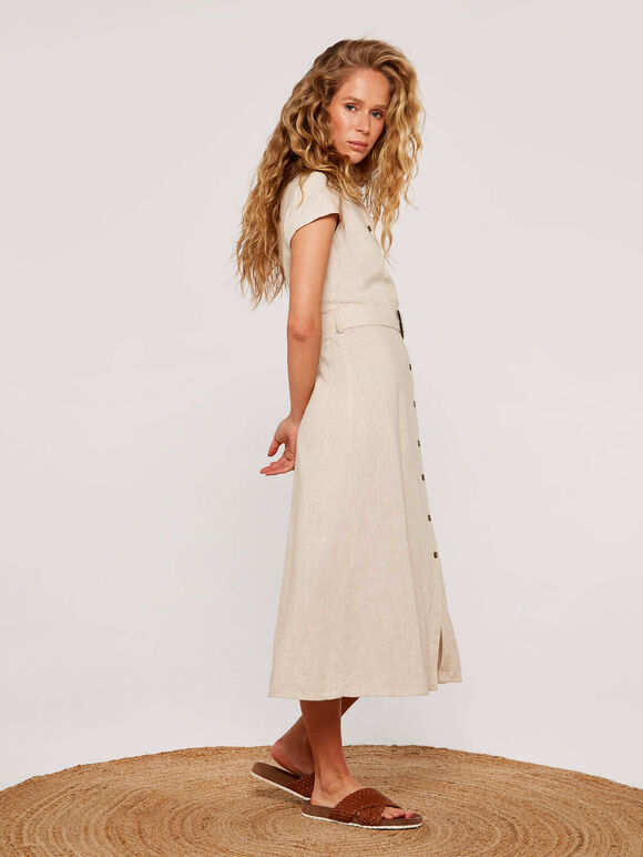 Linen Blend Belted Shirt Midi Dress, Stone, large