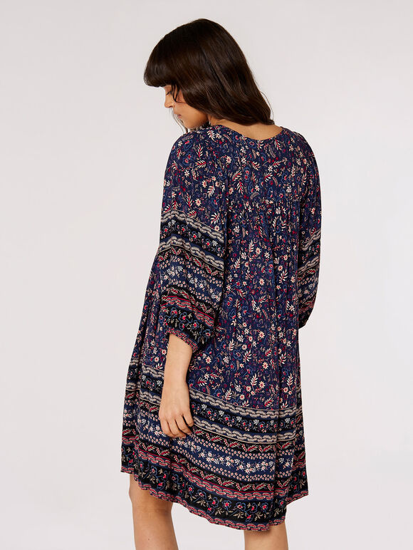 Folk Border Print Mini Dress, Red, large
