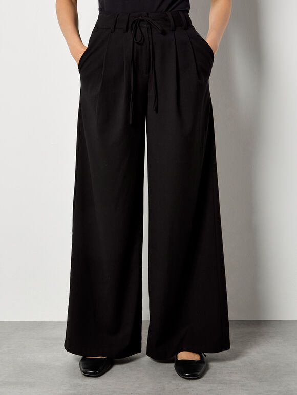 Pleat Detail Wide Leg Drawstring Trousers, Black, large