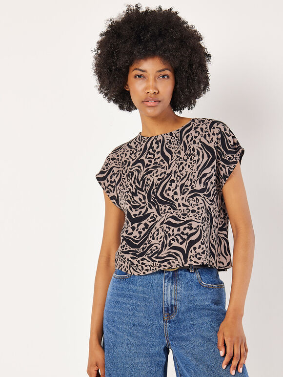 Mixed Animal Textured Cropped T-Shirt, Grey, large