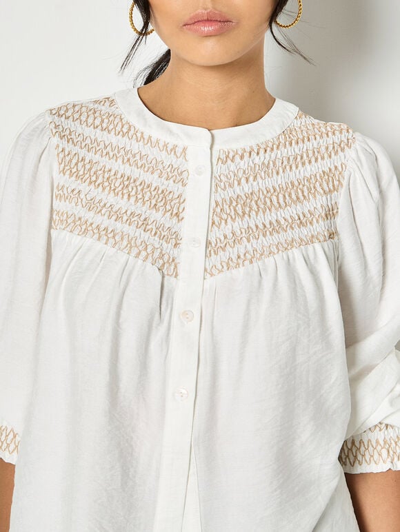 Wavy Embroidered Smocked Blouse, White, large