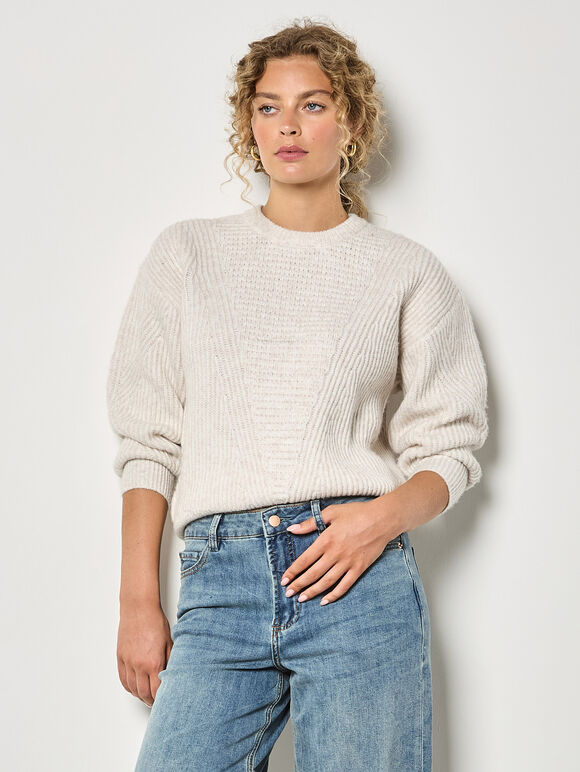 Waffle Rib Knit Soft Jumper, Stone, large