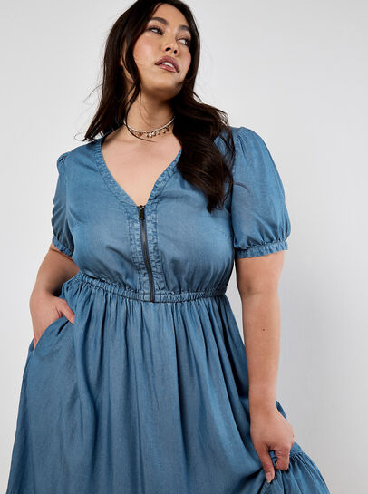 Denim Zip Tiered Midi Dress