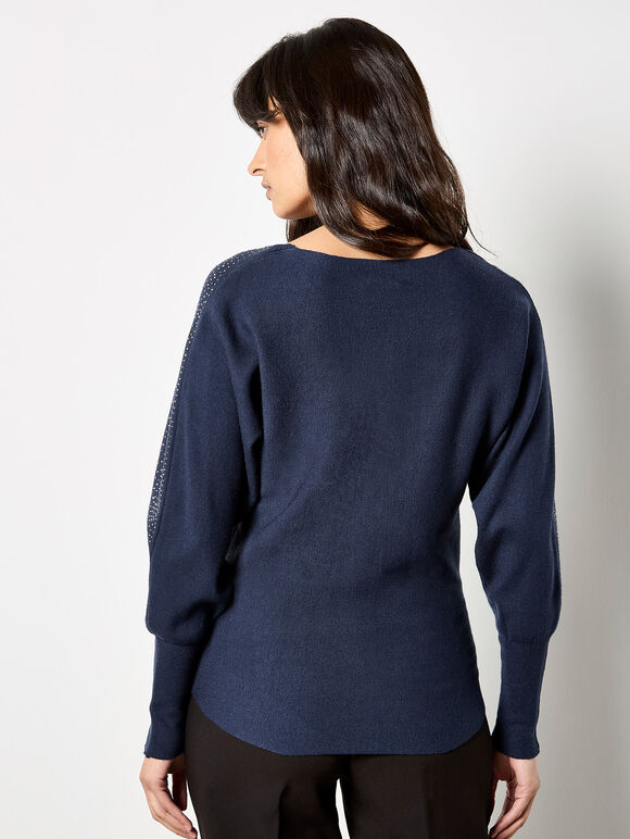 Diamante Ribbed Batwing Jumper, Navy, large