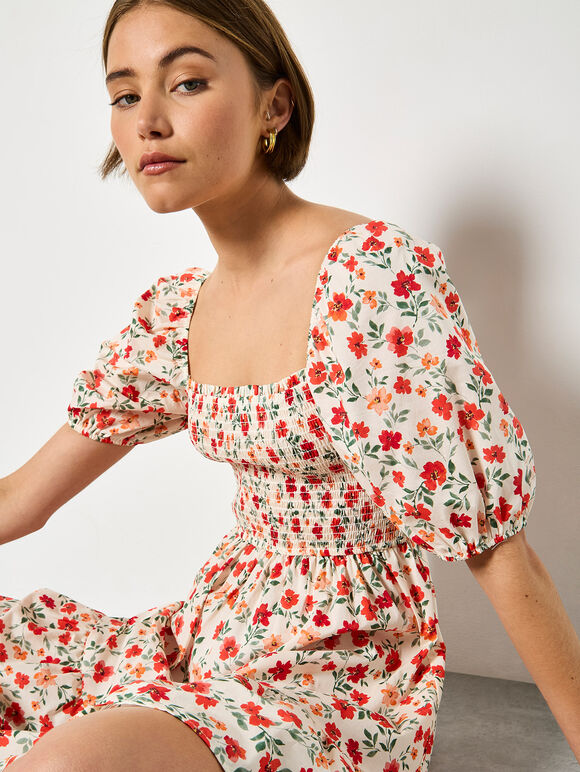 Floral Cotton Poplin Mini Dress, Cream, large