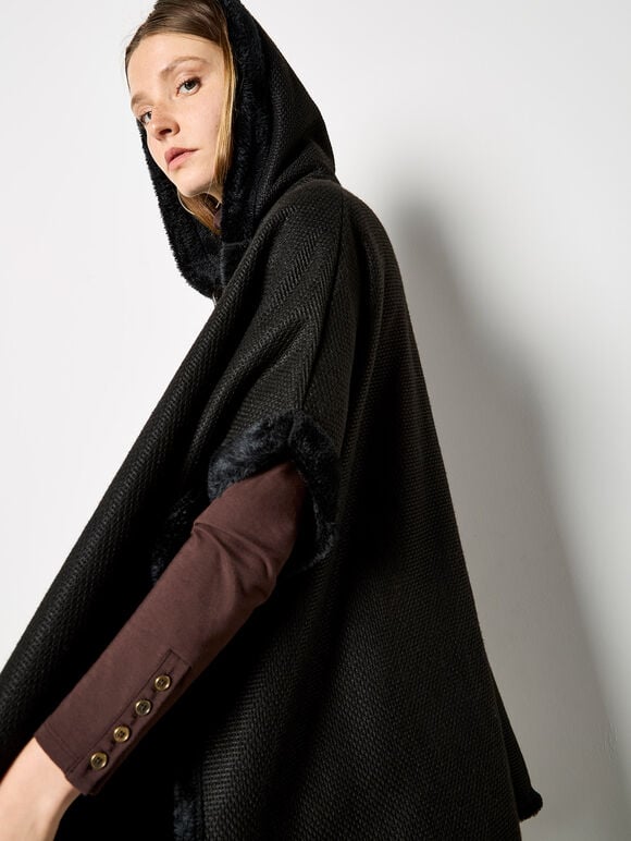 Hooded Faux Fur Cape, Black, large