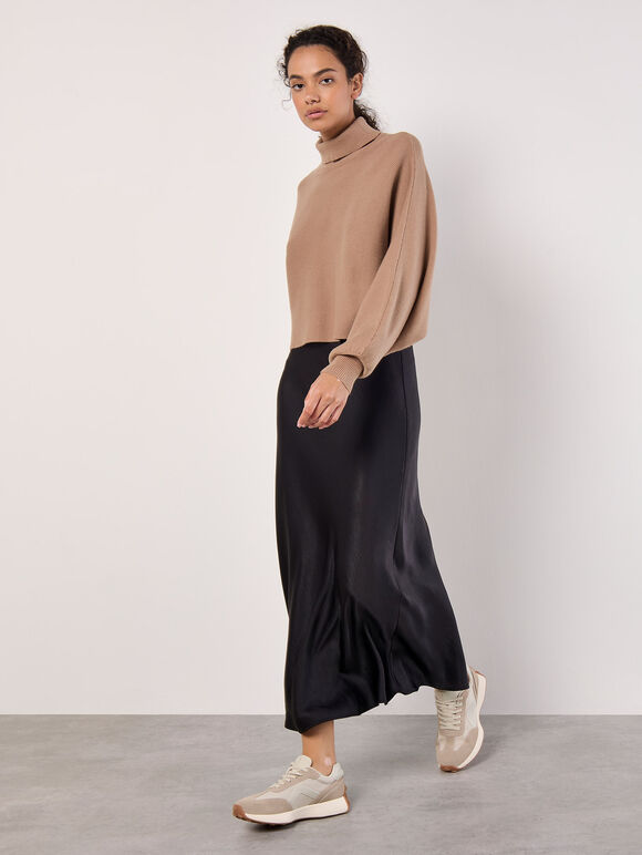 Ribbed Roll Neck Batwing Jumper, Stone, large