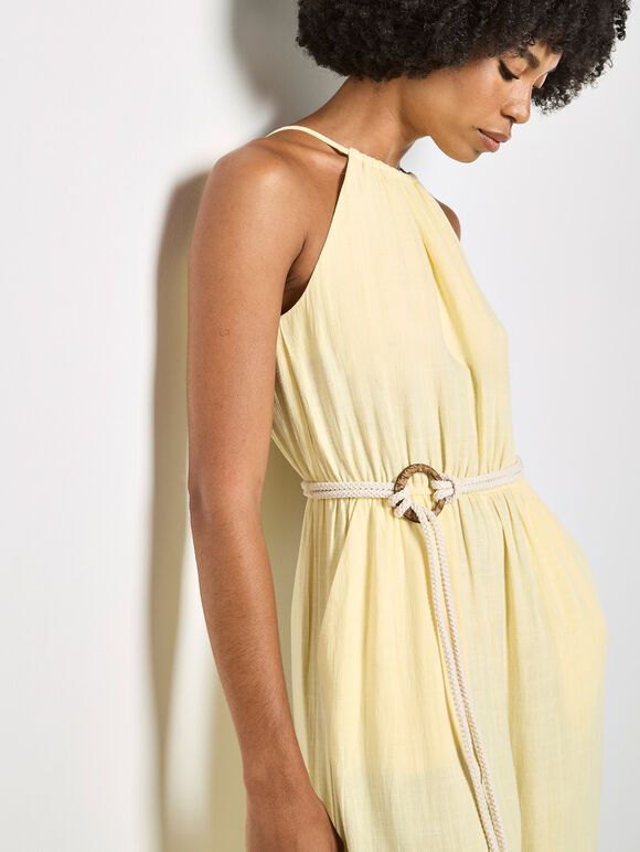 Cotton Blend Wide-Leg Jumpsuit, Yellow, large