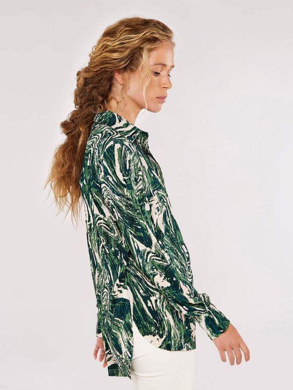 Marble Print Plisse Shirt, Green, large