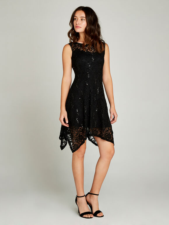 Sequin Lace Hanky Hem Skater Dress, Black, large