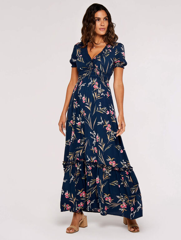 Watercolour Floral Smocked Maxi Dress, Navy, large