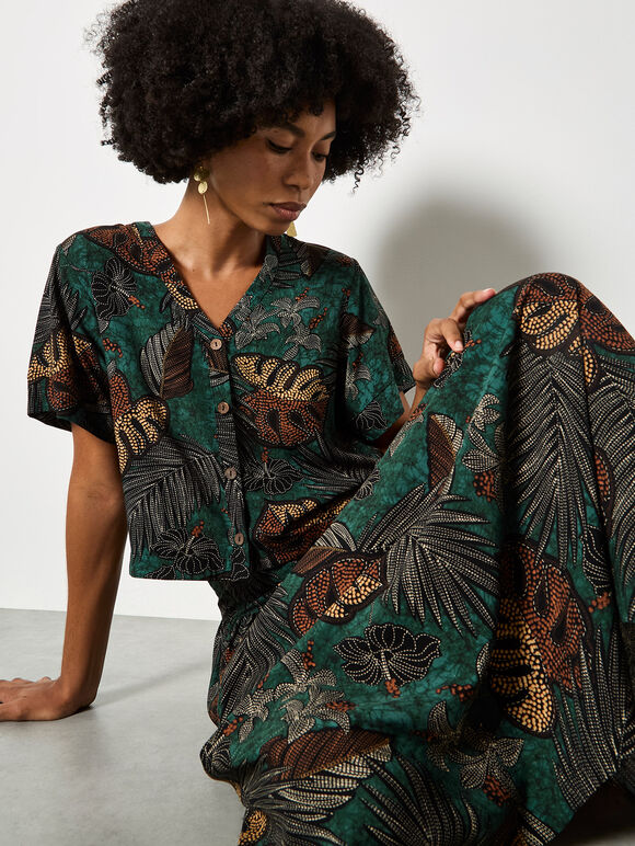 Tropical Leaf Print A-Line Midi Skirt, Green, large