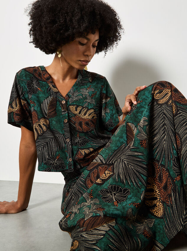 Tropical Leaf Print A-Line Midi Skirt, Green, large