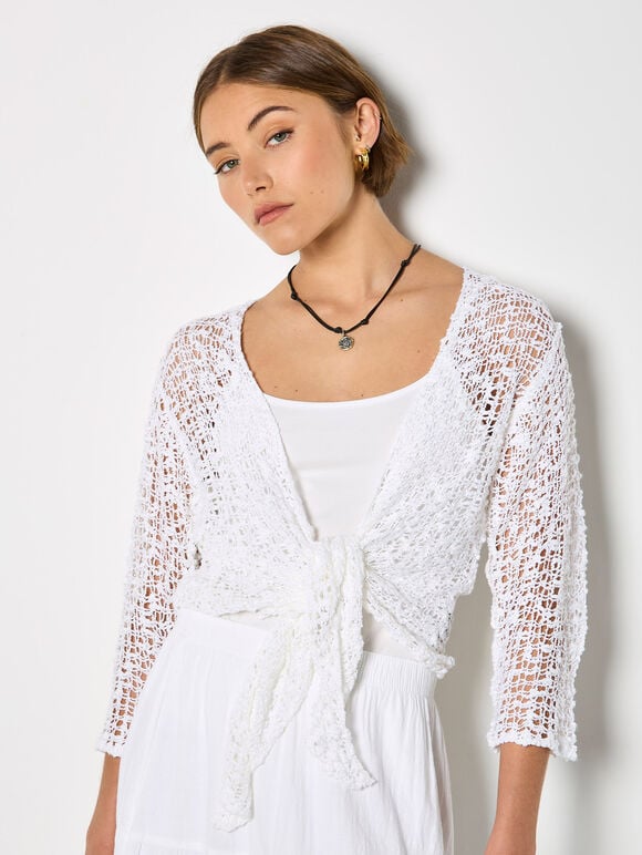 Mesh Popcorn Knit Shrug, White, large