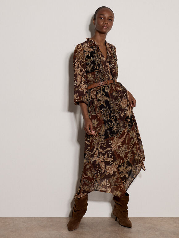Patchwork Paisley Chiffon Maxi Dress, Brown, large