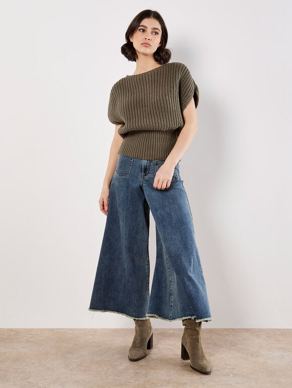 Chunky Rib Knit Cap Sleeve Jumper, Khaki, large