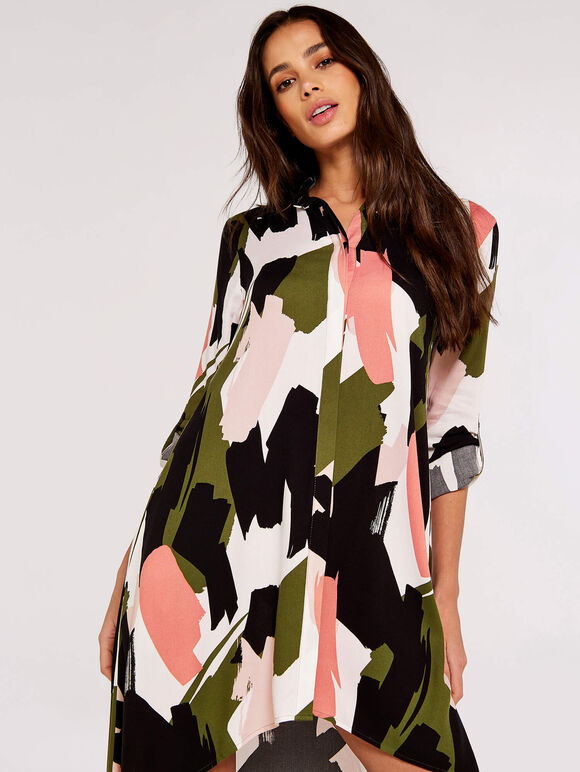 Brushstroke Print Mini Shirt Dress, Khaki, large