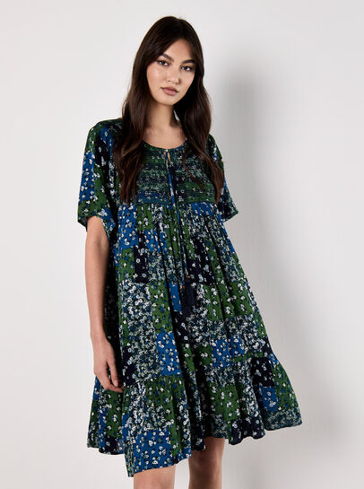 Patchwork Print Crinkle Mini Dress