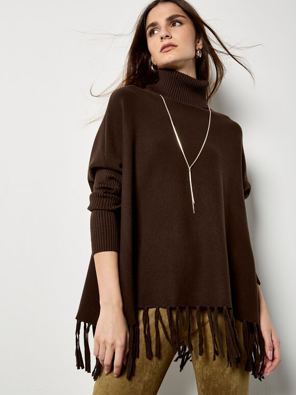 Roll Neck Fringe Poncho Jumper, Brown, large
