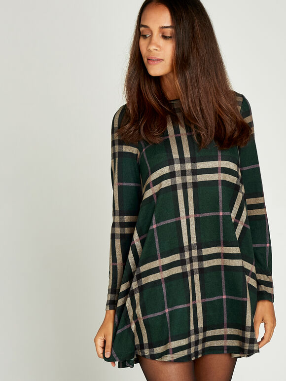 Blanket Check Swing Dress, Green, large