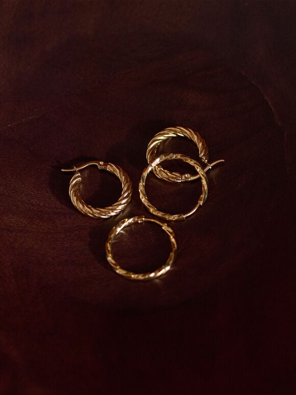 Gold Tone Textured Hoop Earrings, Pack Of 2, Gold, large