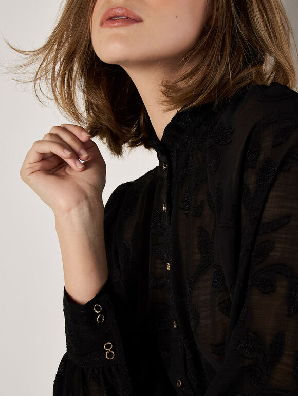 Embroidered Leaf Chiffon Blouse, Black, large