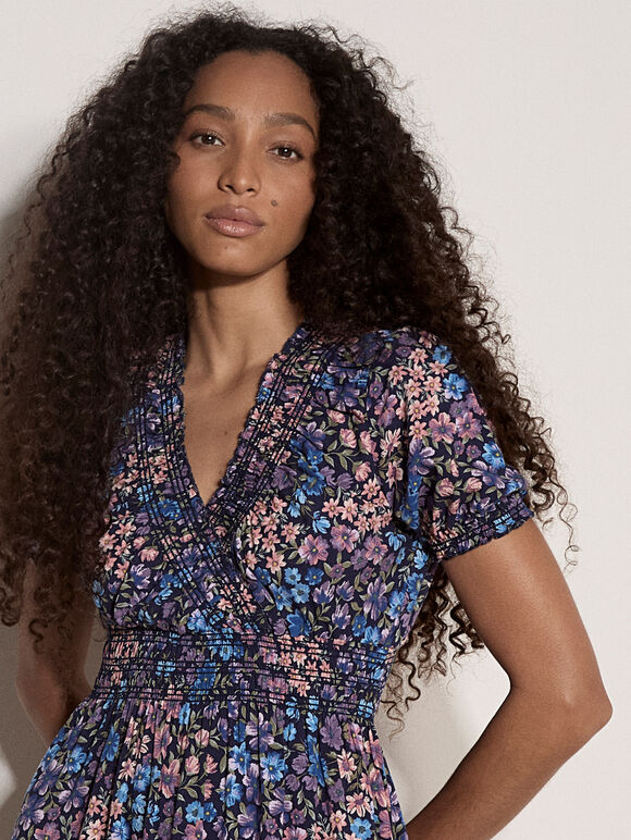 Floral Wrap Mini Dress, Navy, large
