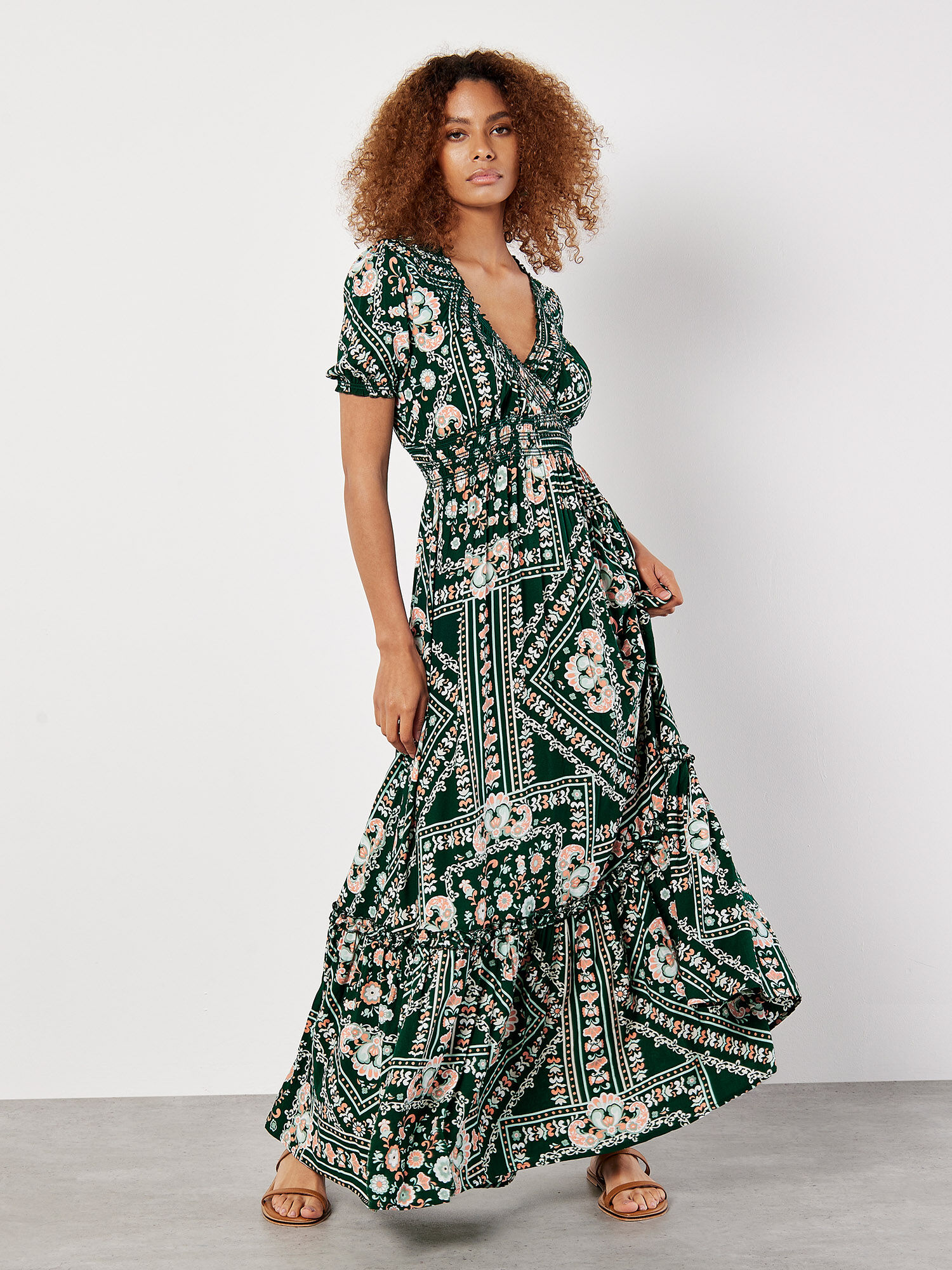 Scarf Print Smocked Maxi Dress