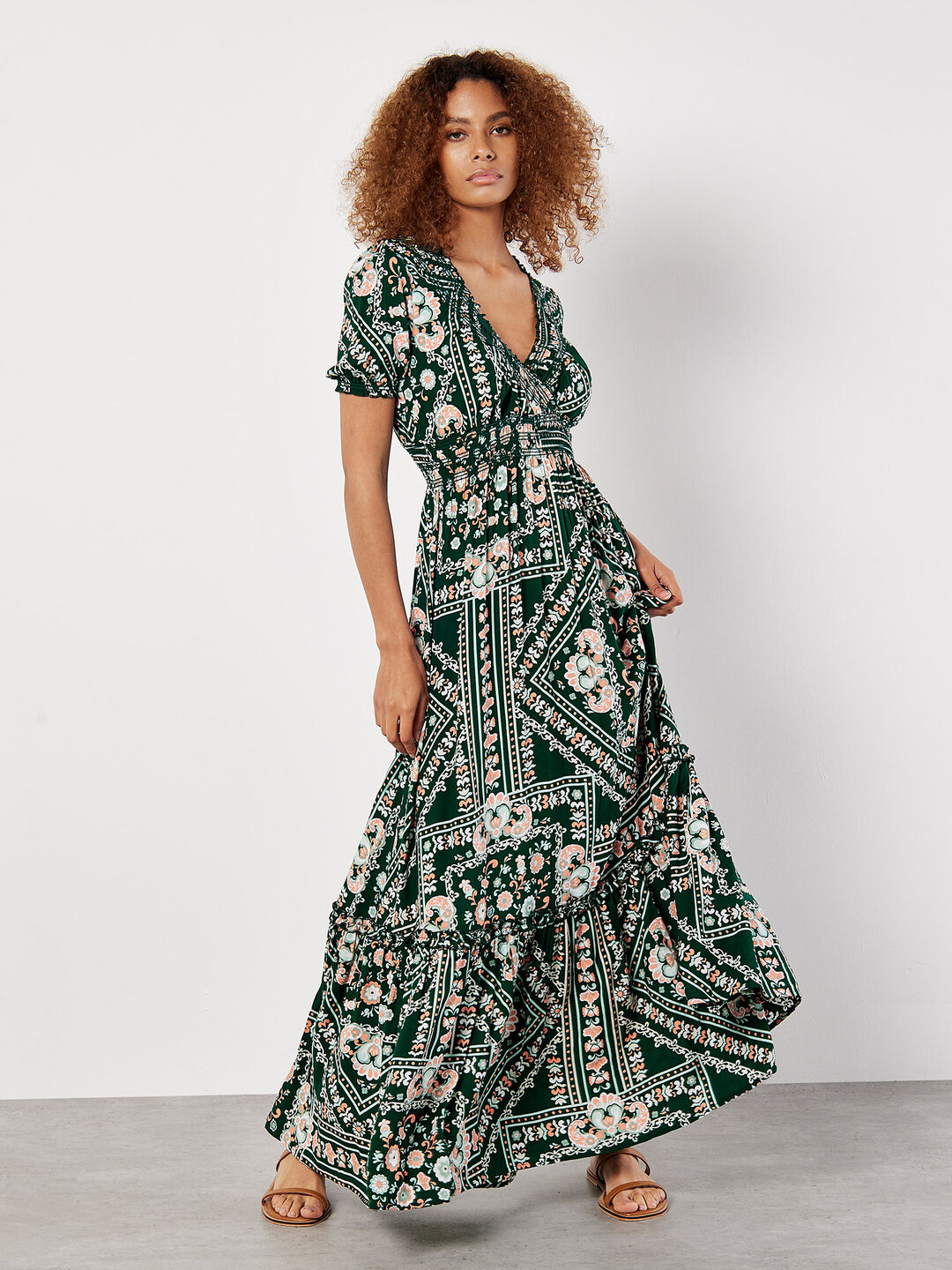 Scarf Print Smocked Maxi Dress