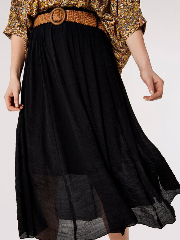 Shimmer Crinkle Midi Skirt, Black, large