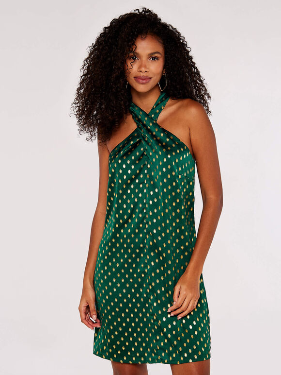 Foil Halter Mini Dress, Green, large