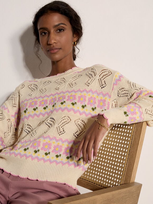 Pointelle Knit Butterfly Floral Jumper, Stone, large