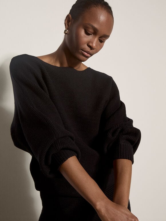 Ribbed Knit Batwing Jumper, Black, large