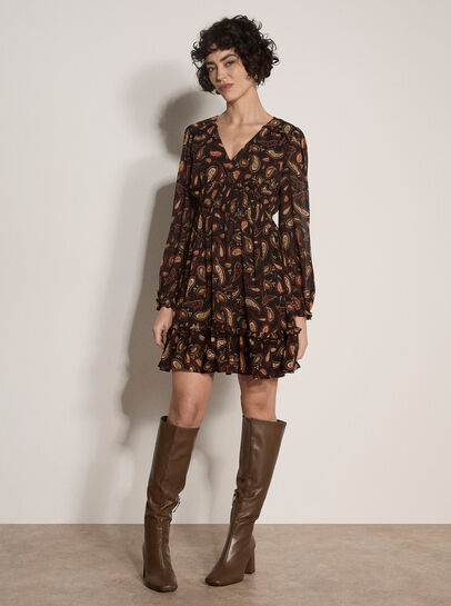 Chiffon Ruffle Paisley Mini Dress
